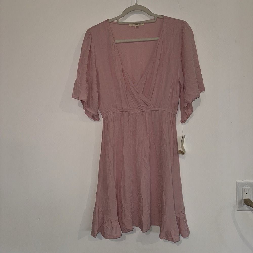 Rewind Women's M Mauve Pink V-Neck Crinkle Mini Dress Top Smocked Ruffle Sleeve